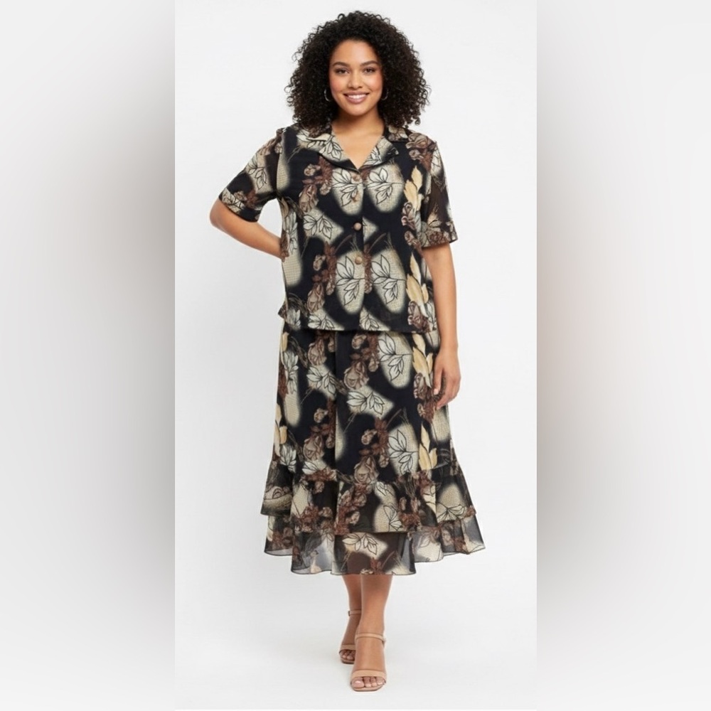 Beautiful 2-piece skirt set, brown/beige/gold, Beautifully decorated, EU 56, 3XL